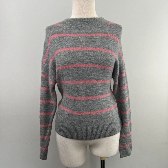 NWT WAYF‎ Grey Pink Striped Crew Neck Wrap Back Sweater (XS) - Picture 2 of 8